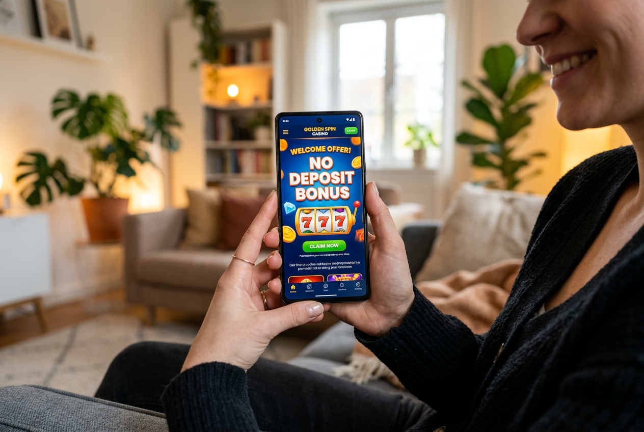 A person using a casino app on a smartphone showing a bonus notification.